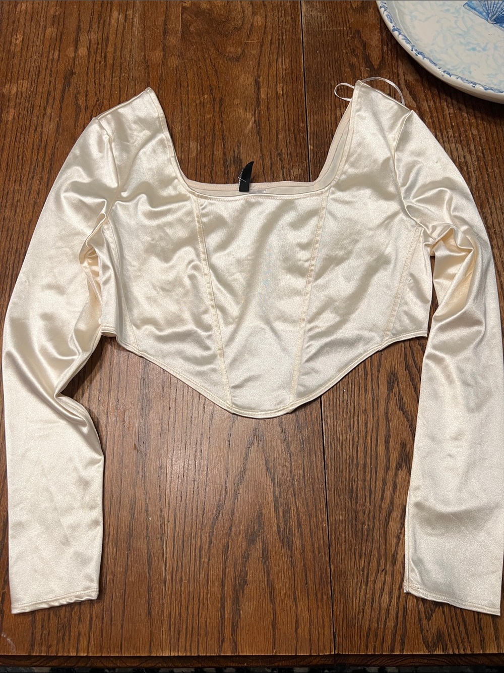 H&M Ivory Satin Corset-Inspired Long Sleeve Crop Top
